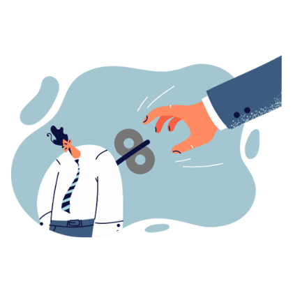 Illustration of a hand turning a wind-up key in a businessman's back, as if he were a wind-up toy