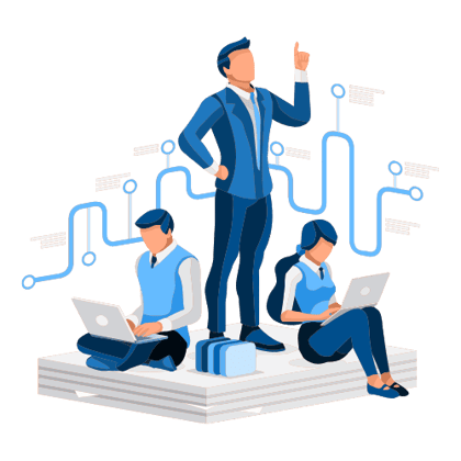 Illustration of office workers on laptops connected by circuit lines, with a manager standing over them