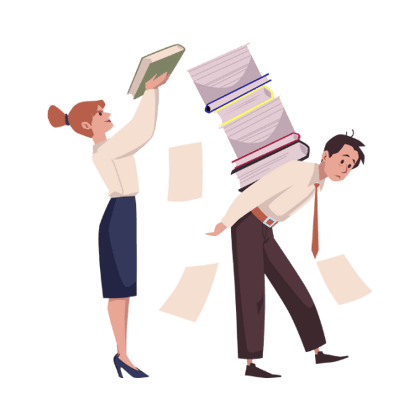 Illustration of a woman stacking more books onto a coworker who is bent under a tall pile of paperwork