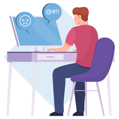 Illustration of a man at his desk reacting to an upsetting message on his computer