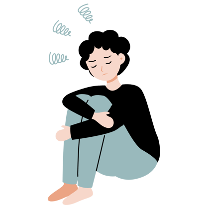 Illustration of a person sitting with their knees pulled in, looking tense and tired