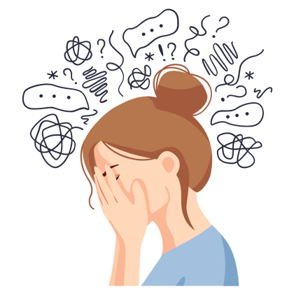 Illustration of a woman holding her face in her hands, surrounded by tangled scribbles of worry