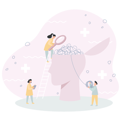 Illustration of small figures untangling the thoughts inside a person's head