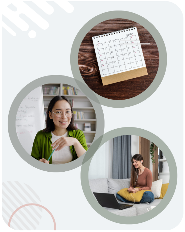 graphic illustrating ease of therapy - calendar, online therapy session, happy client